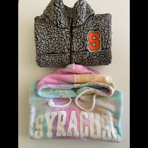 Syracuse Woman’s Fleece and Tye-dye Sweatshirt. Both Size M